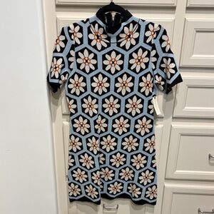 Anthropologie Blue Black White Floral Knit Mini Dress